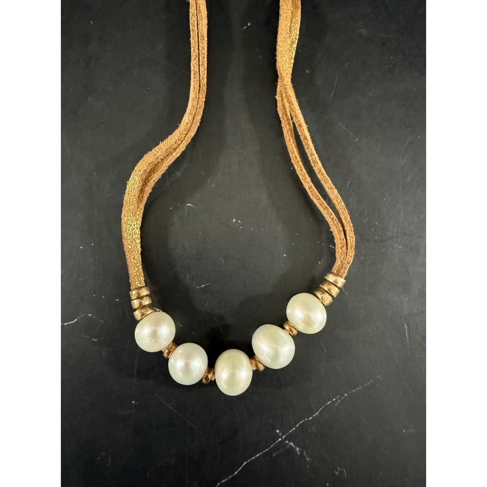Leather and Five Pearl Choker Necklace 18.5in Adjustable Length
